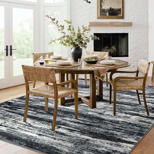 KOZYFLY Area Rug 6x9 Modern Ombre Thin Rugs for Living Room, Washable Large Rugs Non-Slip Soft Striped Rug for Bedroom, Black Navy Blue Grey Abstract Carpet for Laundry/Kid Room