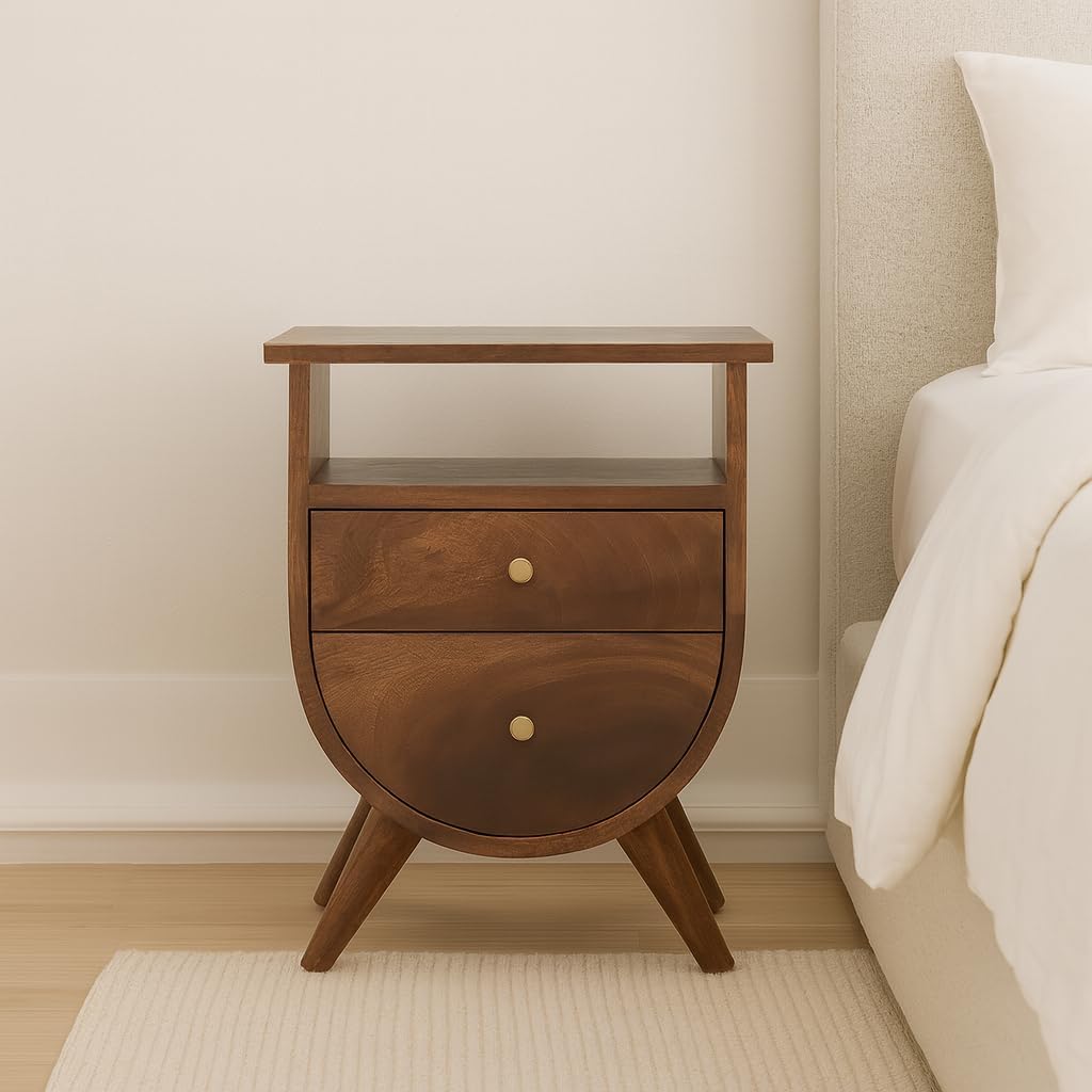 Solid Wood Split Bedside Table with 2 Drawers and 1 Open Slot, Chestnut Dark Brown Finish for Bedroom Storage and Organization