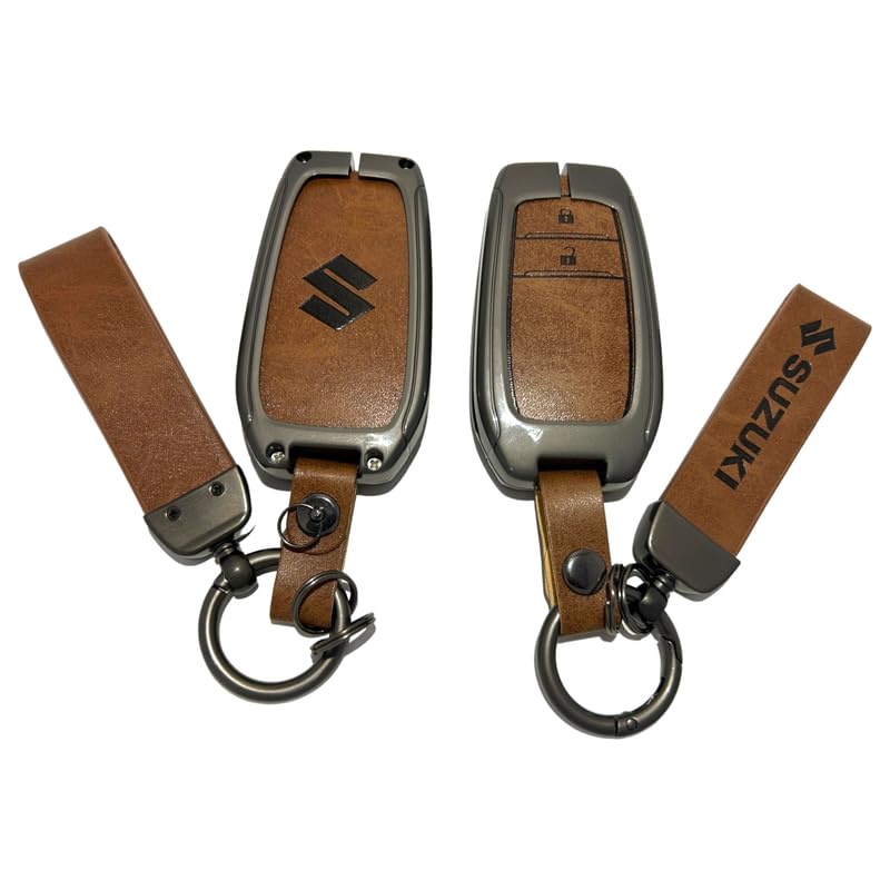 Image of Zinc Metal Alloy Leather Car Key Cover & Case Brown with Keychain & Holder Compatible for Maruti Suzuki Invicto (2 Button Push Smart Key)