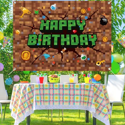 Image of Pixel Happy Birthday Backdrop, 83x59in /210x150cm Pixel Theme Party Decorations Video Game Banner Backdrop for Gaming Birthday Decor