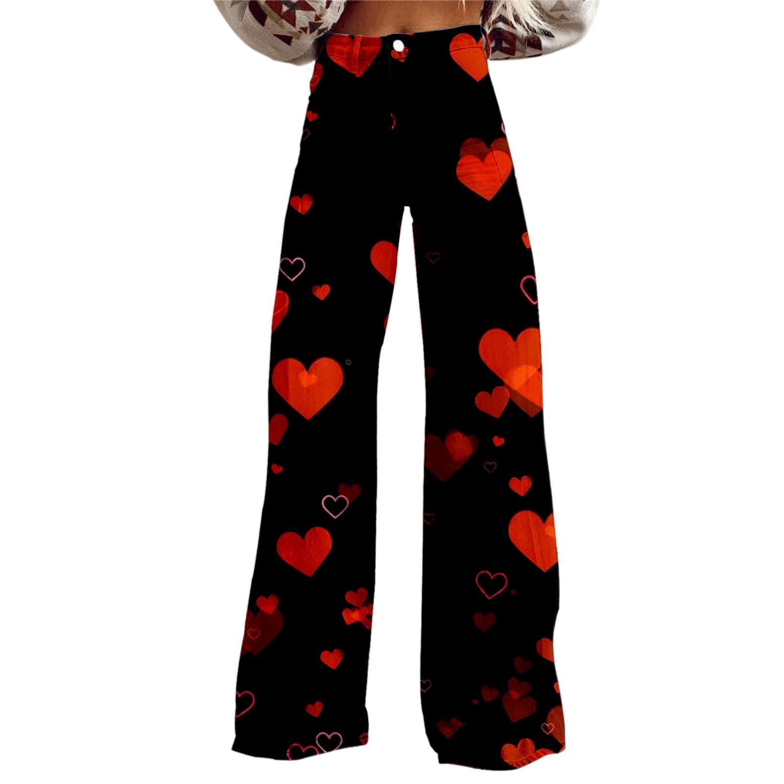 Pantaloni a zampa da donna, a vita alta, larga, in denim, per San Valentino, con stampa amorosa, pantaloni in denim, taglie grandi, extra lunghi, con tasche e bottoni