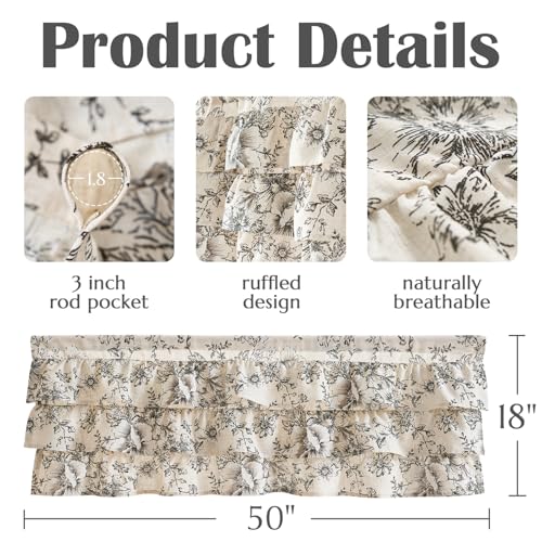Jinchan DYMALS-3RFRP-5018C01 Ruffled Floral Valance Linen Shabby Chic Small Window Curtain 18 Inch Farmhouse Kitchen Valance For Bedroom Living Room Decor Cottage Rustic Window Treatments Valance 1 Panel Black thumb #7