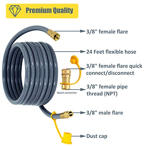 LONGADS 24 feet 3/8 Inch ID Natural Gas Hose with Quick Connect, Propane Gas Hose for Fire Pit Grill, Low Pressure Appliance 3/8 Female Pipe Thread x 3/8 Male Flare Quick Disconnect - CSA Certified - Thumbnail 3