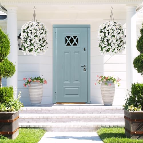 Image of INSPRING Artificial Bougainvillea Faux Flowers Plants Baskets for Outdoor Outside Decoration, 3PCS Fake Silk Flowers Long Trailing Vines UV Resistant Realistic for Front Door Porch Patio (White)