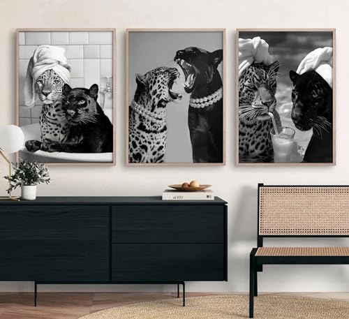 3Pcs Black White Leopard Unframed Canvas Wall Art, Trendy Fashion Decor by ESPWTOUD - Used condition - Image 2