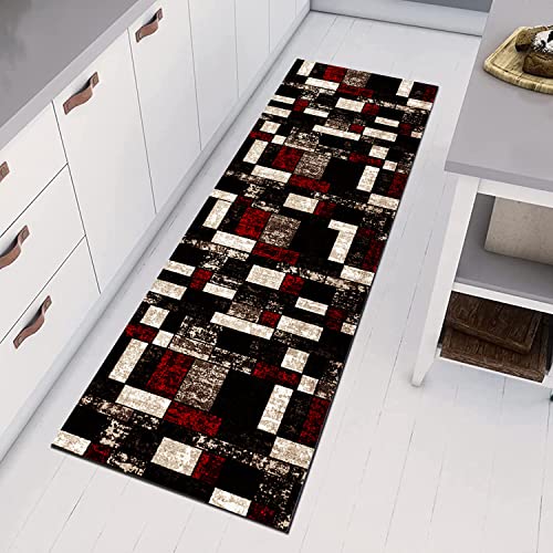 Alfombra larga para entrada de pasillo lavable moderna color negro marrón rojo 3