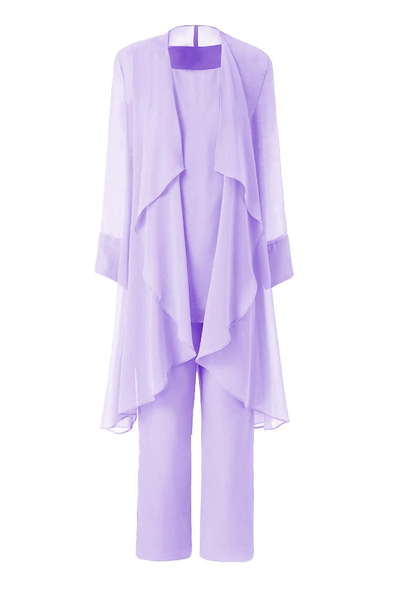 Women's Mother of The Bride Pant Suits 3 Pieces Chiffon Outfit Sets for Wedding Pant Suit with Jacket Lavender