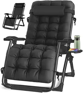 Oversized Zero Gravity Chair, Lawn Recliner, Reclining Patio Lounger Chair, Folding Portable Chaise, with Detachable Soft Cushion, Cup Holder, Adjustable Headrest, Support 500 lbs. (Black Cushion)