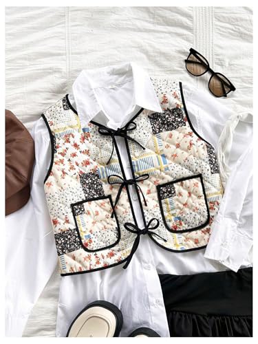 Image of Verdusa Women's Floral Bow Tie Sleeveless Crop Cardigan Vest Spring Jacket Multicolor Medium
