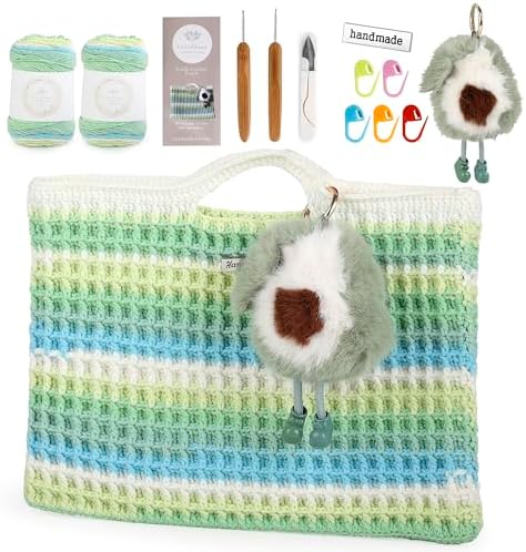CrochEaze Crochet Kit for Beginners, Crochet Tote Bag Set with Step-by-Step Video Tutorials, Including Gradient Color Yarn, Crochet Hook, Plush Doll Charms (Green)
