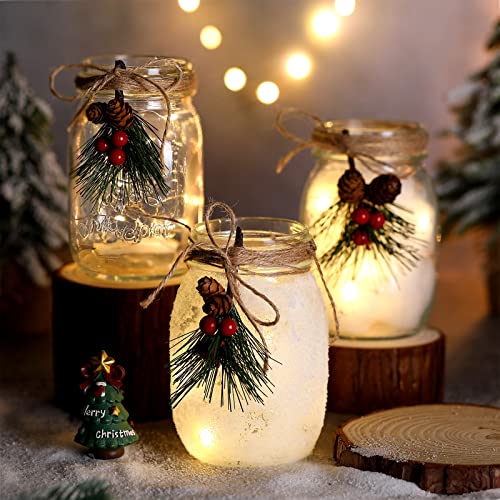 4 Sets Christmas Mason Jars Sconce Red Berry Cone Pine Rustic Mason Jar Sconces Decorative Farmhouse Wall Decor With Led Light Twine For Christmas Bathroom Bedroom Hallway Patio Indoor Outdoor #TOP6