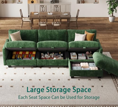 Image of Modular Sectional Sofa, 101 inch L Shaped Couch with Storage | High Resilience Foam, 22 inch Seat Depth, Movable Ottoman, Comfy Chenille, Easy Assembly, Green