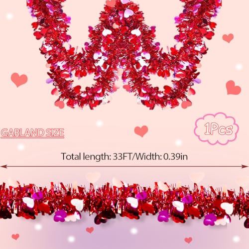 Image of 33 Feet Long Valentine's Day Tinsel Garland Red Heart Tinsel Holiday Decor for Outdoor or Indoor Use, Wedding Birthday Party Supplies Mothers Day Christmas Tree Garland Decorations