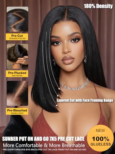 Image of Sunber Yaki Straight Bob Layered Cut with Face Framing Layers 7X5 Lace Part Bob Wig Human Hair Bye Bye Slip Glueless Wig with Silicone Strips Drawstring 180% Density Bleached Knots Pre Plucked 12inch