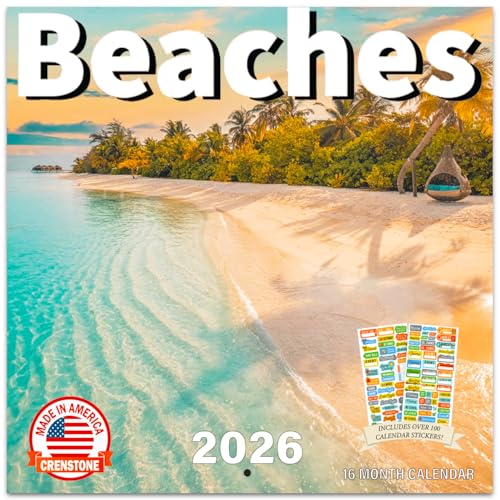 Tropical Beaches Calendar 2026 - Sandy Beaches 2026 Wall Calendar, Includes 100+ Reminder Stickers | 12" x 24" Open | Giftable | Made in The USA