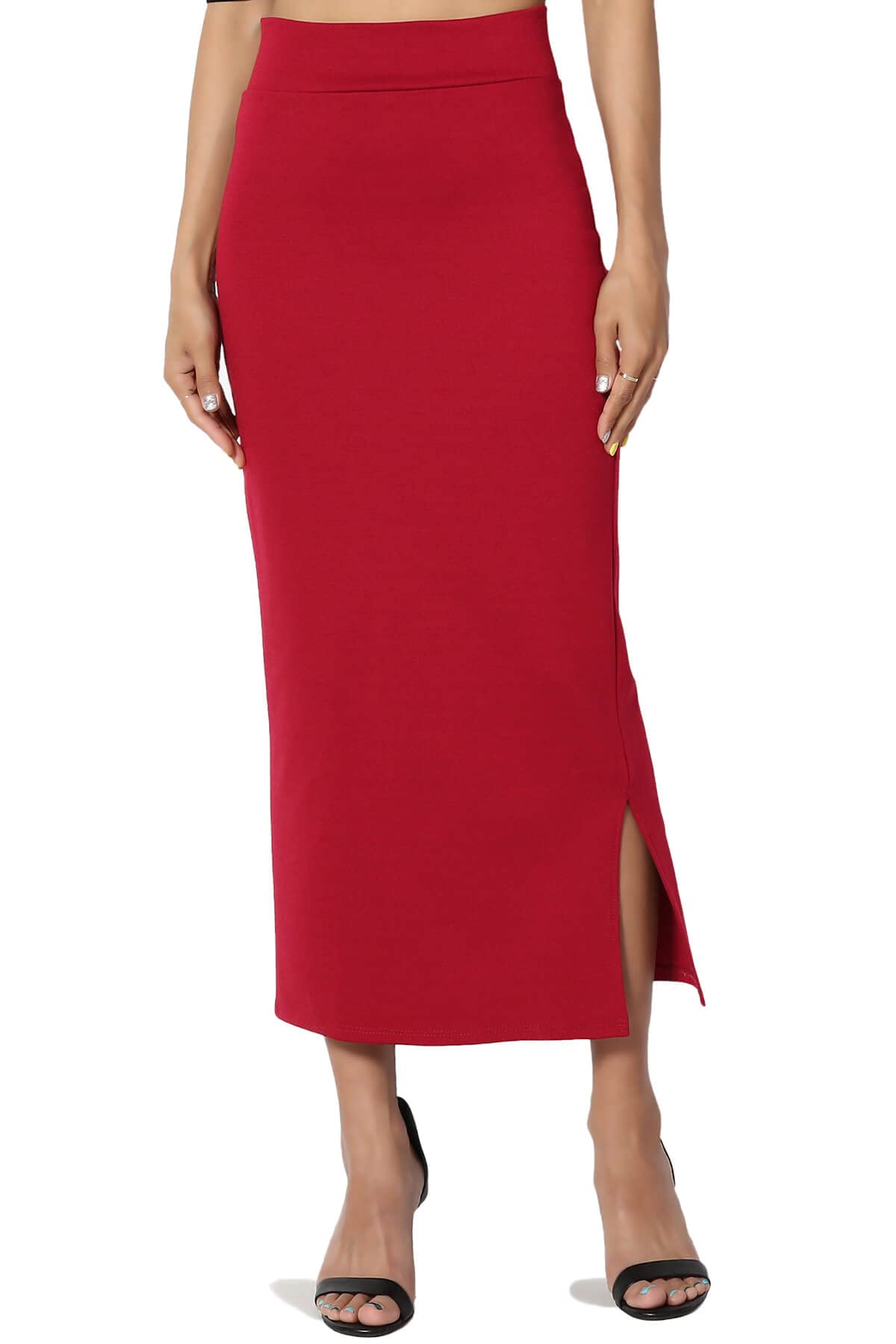 TheMogan Side Slit High Waist Stretch Ponte Knit Mid Calf Long Pencil Skirt