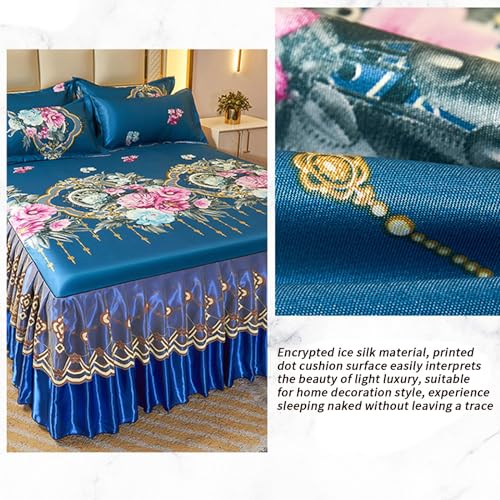 Juego de cama de seda helada con encaje elegante King 7