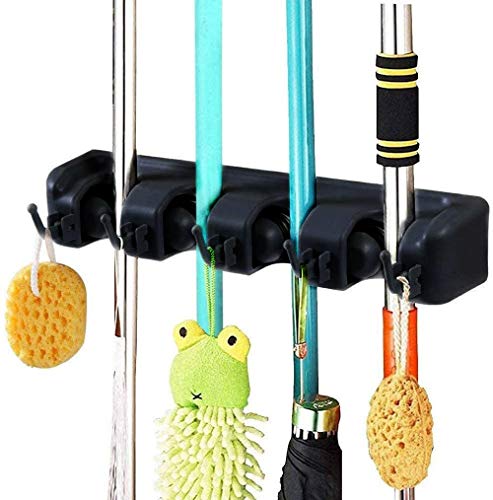 Witeygai Broom Mop Holder, Broom Organizer Wall Mount, Heavy Duty Wall Mounted Mop Clip Hangers Broom Storage Tidy Organizer with 4 Slots 5 Retractable Hooks for Closet Kitchen Garden Garage Bathroom