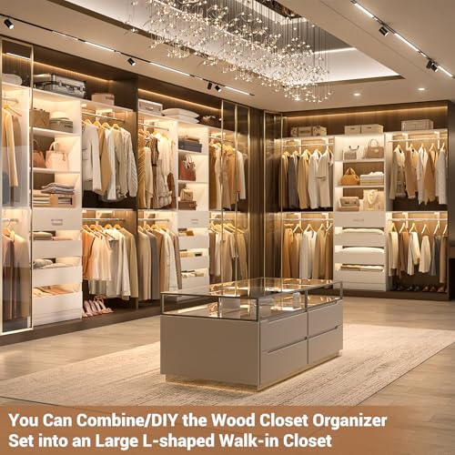 8FT Wood Closet Organizer System with 4 Drawers and Shelves for Walk-in Closet - White (Fits Spaces 4-9 ft)