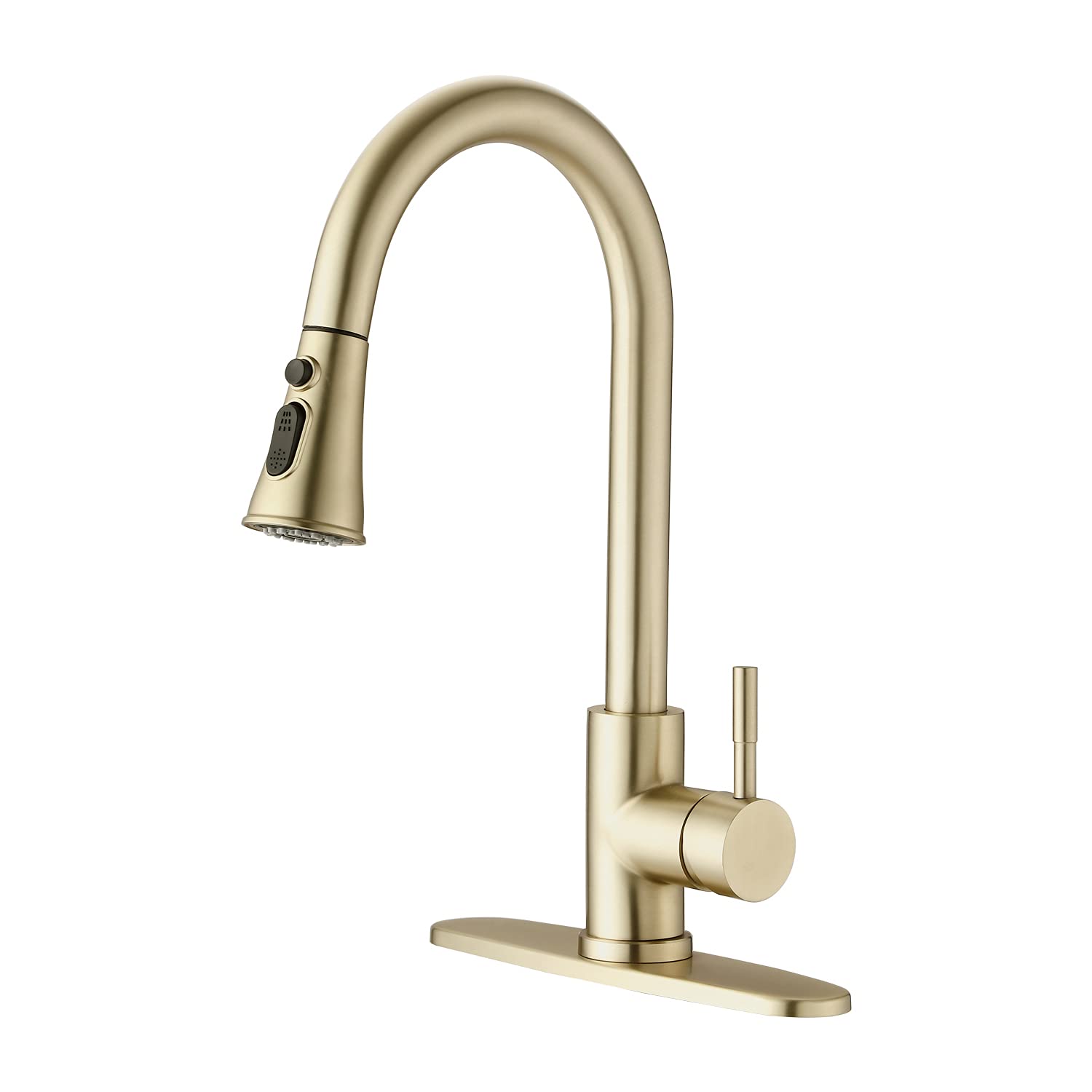 Flume Faucet Kitchen Faucet Pull-Down Sprayer Stainless Steel Single Handle Pull Out Kitchen Faucet with Cover Plate (Brushed Golden)