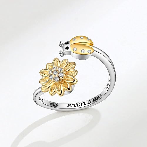 Vista 5 de VIFE Anillos de plata esterlina S925 para ansiedad para mujer, anillo abierto ajustable, circonita cúbica 3A, abejagirasol You are My Sunshine