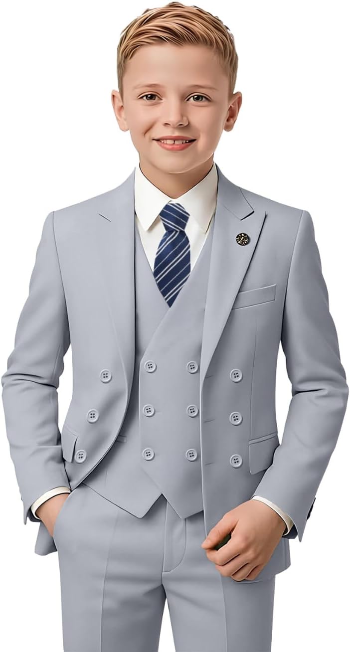 Boys Suit Kids Tuxedo Double Breasted Suits for Boy Dress Pants Set Slim Fit Formal Wedding Ring Bearer Outfit with Tie