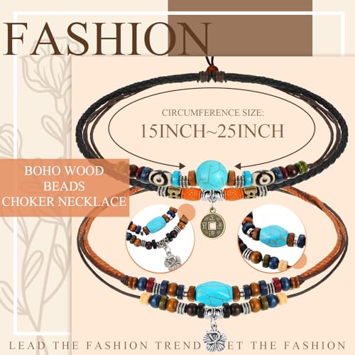 3 Pcs Western Layered Boho Wood Beads Choker Necklace Adjustable Vintage Leather Necklace Bead Choker Boho Jewelry for Women3