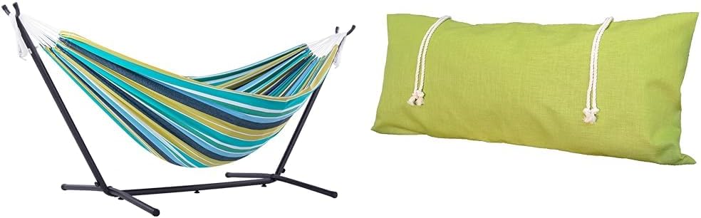 Vivere Double Cotton Hammock with Space Saving Steel Stand, Cayo Reef (450 lb Capacity & Algoma 137SP-46 Hammock Pillow, Kiwi Rave