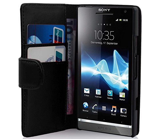 cadorabo Coque pour Sony Xperia S en Noir DE Jais - Housse Protection en Similicuir Lisse avec Stand Horizontal et Fente Carte - Portefeuille Etui Poche Folio Case Cover