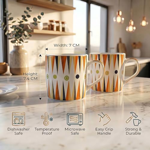 Image of UPC Coffee Mug Set of 6 | White Retro Geometric Triangle Print | Orange Olive & Charcoal Boho Pattern | Bone China Tea & Coffee Cups | Microwave Safe | Home & Kitchen