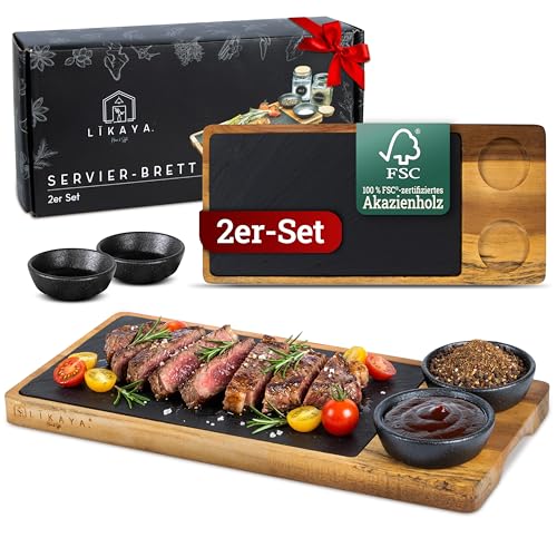 LIKAYA Steak- & Servierbrett 'Luis' 2er-Set – FSC Akazienholz mit...