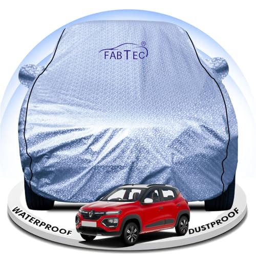 Image of FABTEC Metallic Silver Waterproof Car Body Cover for Renault Kwid Sun, UV and Dust Protection with Mirror Pocket (Reflective Silver with Black Piping)
