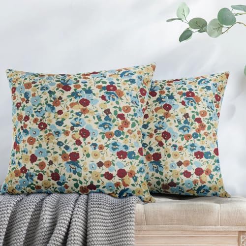 Vintage Embroidery Floral Pillow Coveres 18x18 for Sofa Couch Chair Bedroom Living Room,Jacquard Beige Square Decorative Throw Pillow Covers