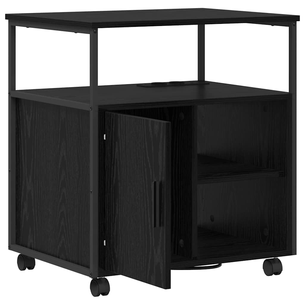 Armadio con stazione di ricarica, effetto rovere nero, armadietto portaoggetti con ruote, 3 ripiani, 4 scomparti, in legno, 61 x 46 x 67 cm, per ufficio, casa e mensola