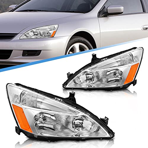 AXLAHA for 2003-2007 Accord Headlights Assembly compatible with 2003-2007 Honda Accord 2/4dr Chrome Housing Amber Reflector Clear Lens Replacement Driver and Passenger Side