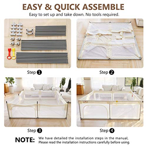 Baby Playpen, OUNUO Play Pens for Babies and Toddlers play area Sturdy Safety Play Yard, 79 x 71 inches large baby fence with Anti-Slip Suckers and Breathable Mesh Walls - Beige - Thumbnail 7