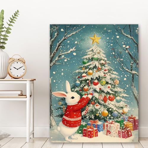 Sapin de Noël illustrations sur toile avec lapin blanc et cadre mural
