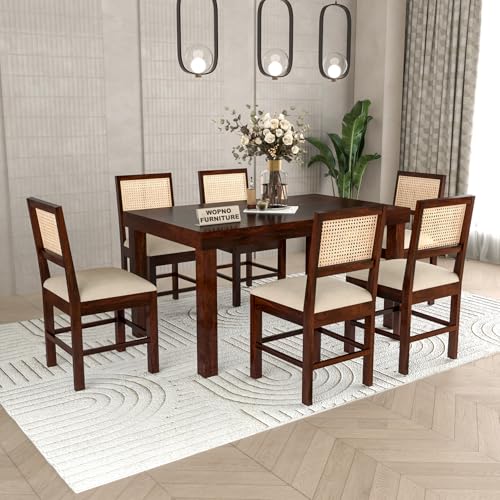 Image of Solid Sheesham Wood 6 Seater Dining Table Set with Cushioned Chairs for Dining Room | Living Room | Home & Office | Hotels Restaurant & Cafe (6 Seater, Walnut Finish)