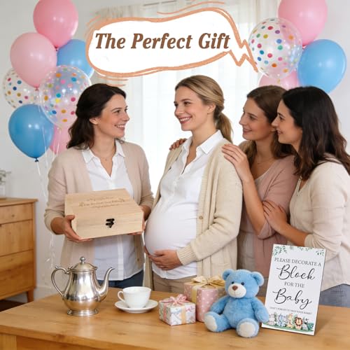 128 Stück Babyparty Spiele Set，Bauklötze Bemalen Babyparty Deko Mit 48 Würfeln, 24 Stiften, 54 Schablonen & Holzbox für Gender Reveal, Babyparty Junge und Mädchen