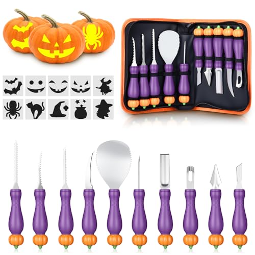 NACIMAX 10 Piece Professional Halloween Pumpkin Carving Kit with Stencils, Heavy Duty Stainless Steel Pumpkin Carving Tools Knife Set for Halloween Decorations (Purple) by NACIMAX - Used condition - US$12.19