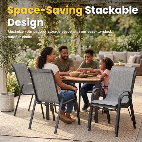 Image of VICLLAX Patio Dining Set for 4, All Weather 5-Piece Patio Set-37.8 inch Square Outdoor Table and 4 Stackable Chairs for Lawn Garden and Backyard,Grey Tabletop