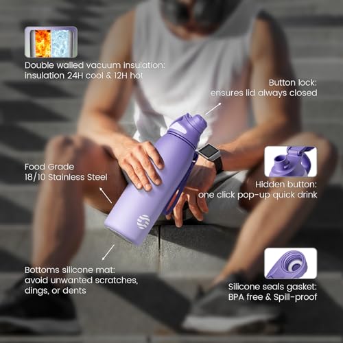 Image of Fjbottle 32oz Stainless Steel Insulated Water Bottle No Straw Spout Lid | Leakproof Keeps Cold 24H, Double Wall Vacuum Insulated, BPA Free, Easy to Clean Sports Water Bottle for Gym Hiking & Outdoor