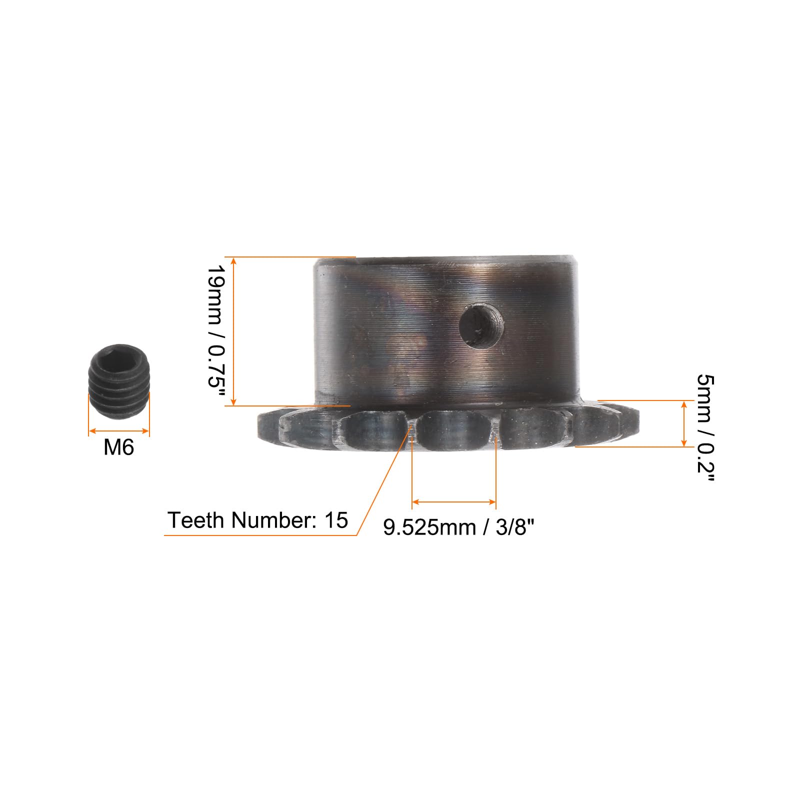 sourcing map 06B Rouleau Chaîne Pignon 15T Pas 3/8" 19mm Alésage A3 Carbone Acier Moteur Embout Engranage