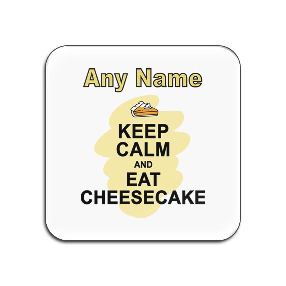 Set di 4 sottobicchieri lucidi con scritta Keep Calm Eat Cheesecake, con scritta in lingua inglese Keep Calm Eat Cheesecake (lingua italiana non garantita), In truciolato., bianco, Quadrato