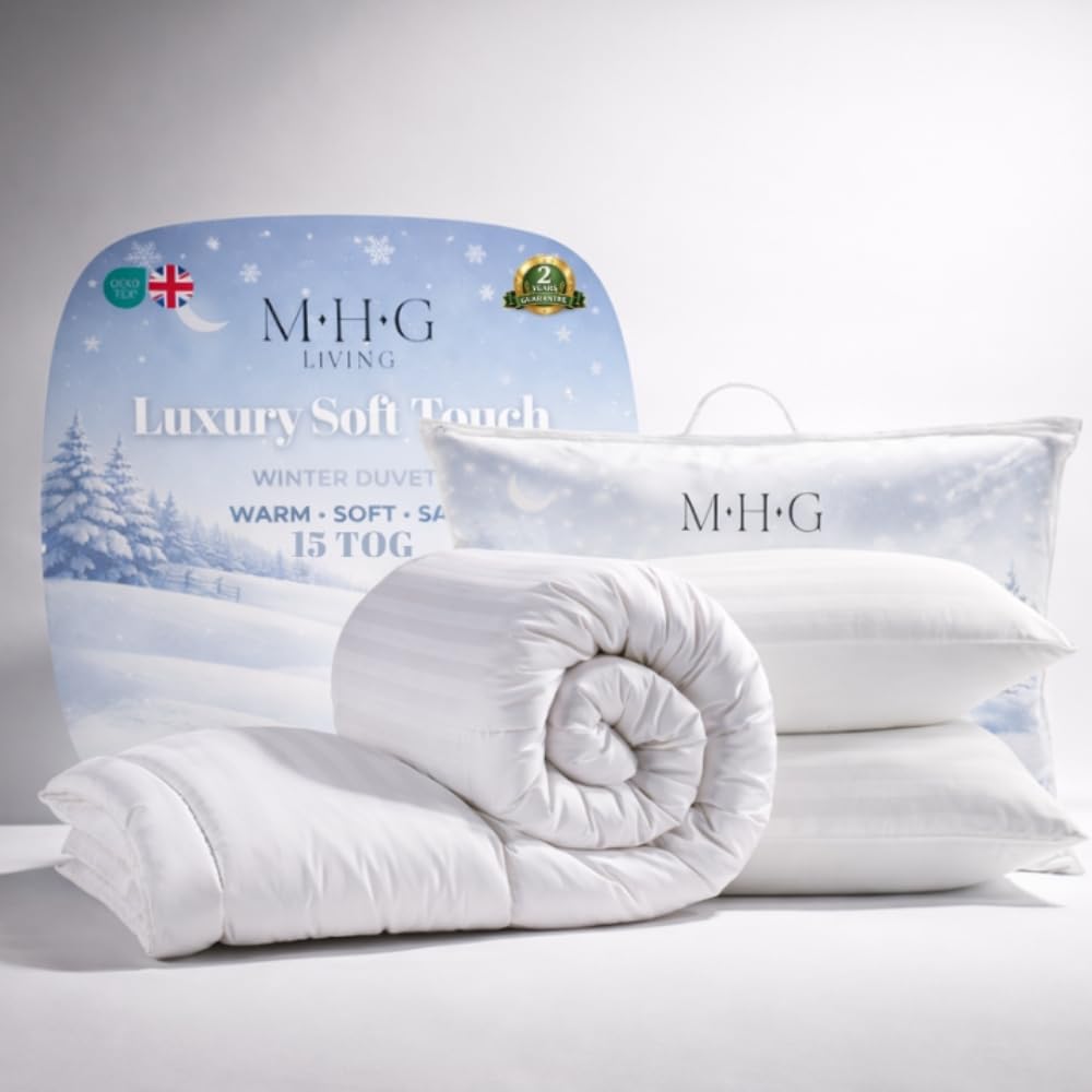 Mhg Living 15 Tog + 2 Pillows 15 Tog King Duvet 230X220cm + 2 Microfibre Pillows – Extra Warm Winter Heavyweight Thick Bedding Bundle, Hotel Quality Hollowfibre, Hypoallergenic Anti-Allergy, Machine Washable & Uk Made