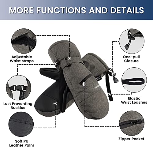 ANDORRA Women Snowboard Gloves Zipper Pocket Water Proof Touchscreen Mittens for Women, Grey, S/M - Thumbnail 4
