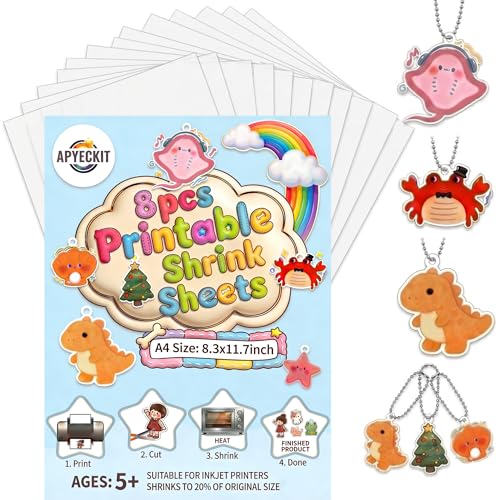 APYECKIT 8Pcs Printable Shrinky Dink Sheets A4 Printable Shrink Paper for Inkjet Printer Shrink Dink Sheets for DIY Art Keychain Making Kits for Mothers Day Fathers Day Gifts