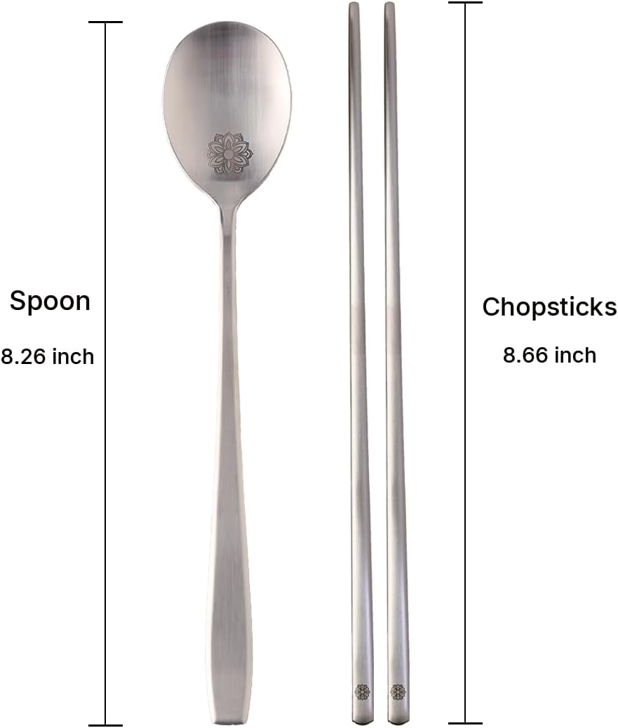 Korean Spoon and Chopsticks Set, 18/10 Stainless Steel Sujeo Gift Set for One, Laser Engraved Floral Spoon, Gift-Ready Korean Tableware