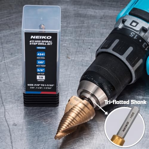 Image of NEIKO 10635A Step Drill Bit, 3 Steps 7 /8 inch to 1-7 /32 inch Spiral High Speed Steel, Titanium Nitride Coated, 3 /8 inch Tri Flat Step Bits for Steel, Metal, Wood, Plastic, Unibit Cone Drill Bits, Two Flute