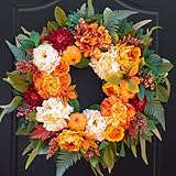 24' Fall Wreath for Front Door, Large Autumn Peony Wreath with Pumpkins, Dahlias, Fall Door Decoration for Home Porch Farmhouse Decor, Thanksgiving Halloween Decoration